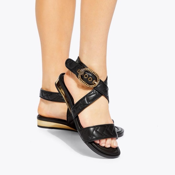 Kurt Geiger Quilted Black Sandals with Gold Buckle - Picture 1 of 8